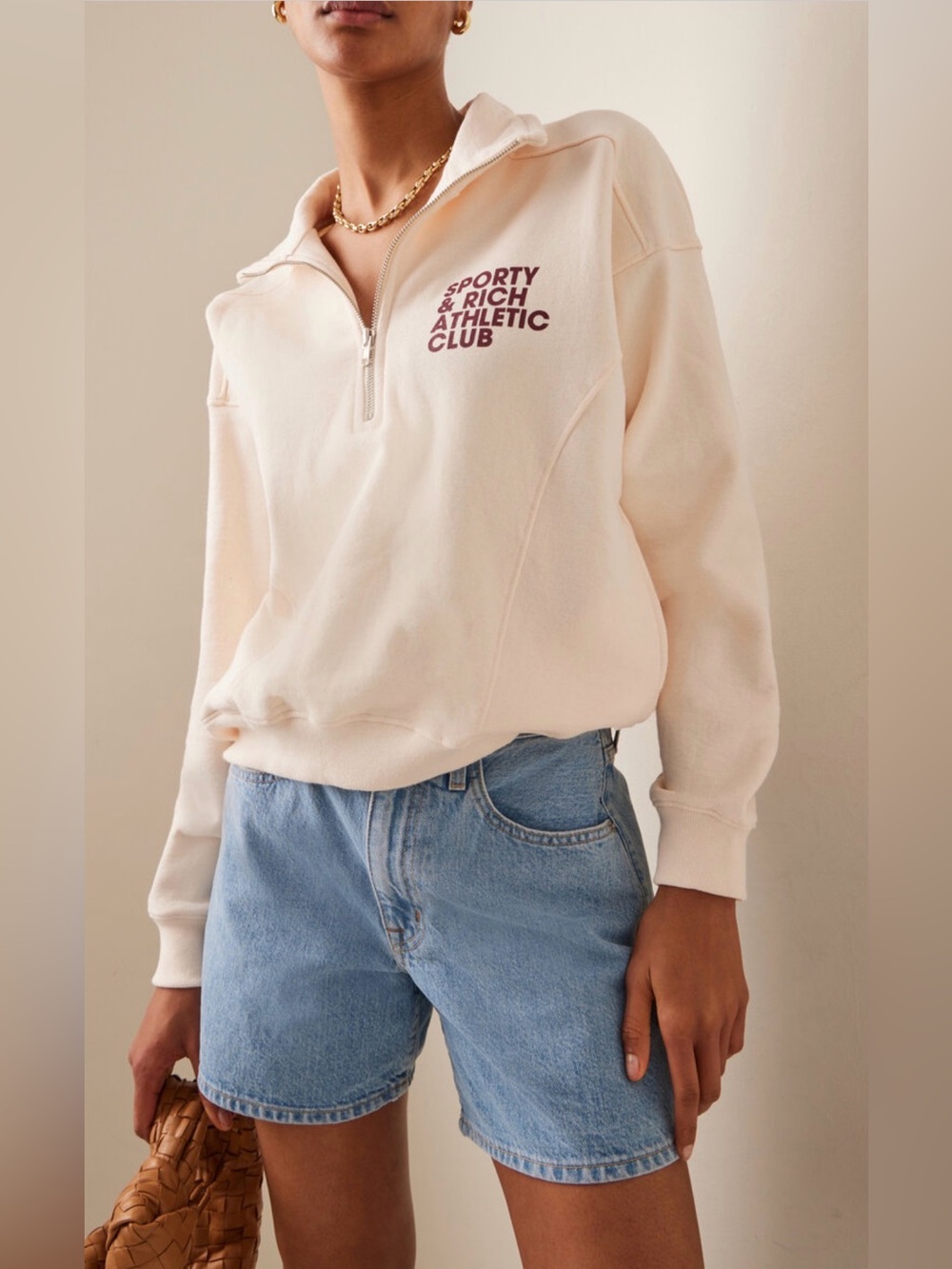 Sporty & Rich Exercise Often 1/2 Zip Sweatshirt Cream/Burgundy Small $190 - Picture 2 of 8